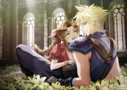 Rule 34 | 1boy, 1girl, :d, aerith gainsborough, armor, bandaged arm, bandages, bangle, blonde hair, blue eyes, blue pants, blue shirt, bracelet, braid, braided ponytail, brown hair, choker, church, cloud strife, couple, dress, earrings, final fantasy, final fantasy vii, final fantasy vii remake, flower, flower bed, full body, girl on top, gloves, green eyes, hair between eyes, hair ribbon, indoors, jacket, jewelry, long dress, looking at another, open mouth, pants, parted bangs, pink dress, pink ribbon, reclining, red jacket, ribbon, shirt, short hair, short sleeves, shoulder armor, sidelocks, single earring, smile, spiked hair, square enix, suspenders, sylvia m, teeth, upper teeth only, window, yellow flower