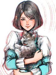 Rule 34 | 1girl, aged down, animal, closed mouth, commentary, dog, dress, final fantasy, final fantasy xvi, grey eyes, grey hair, high collar, highres, holding, holding animal, holding dog, jill warrick, juliet sleeves, light blush, long sleeves, looking at viewer, puffy sleeves, short hair, signature, simple background, smile, swept bangs, symbol-only commentary, torgal (ff16), upper body, white dress, xriviia