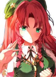 Rule 34 | 1girl, bad id, bad pixiv id, beret, black bow, black ribbon, bow, braid, breasts, collared shirt, commentary request, dress, fingernails, green dress, green eyes, green hat, hair bow, hand up, hat, highres, hong meiling, long hair, looking at viewer, medium breasts, nail polish, nail polish bottle, neck ribbon, parted bangs, red hair, red nails, ribbon, shangurira, shirt, short sleeves, solo, touhou, twin braids, white shirt