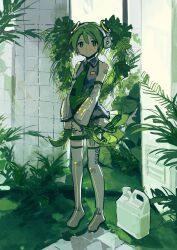 Rule 34 | 1girl, absurdres, balabling, bare shoulders, blush, boots, chinese commentary, closed mouth, collared shirt, commentary, detached sleeves, dot nose, expressionless, fern, frilled shirt, frills, full body, green eyes, green hair, green necktie, hair between eyes, hatsune miku, headset, highres, indoors, jug (bottle), long hair, long sleeves, looking at viewer, microphone, moss, necktie, number tattoo, overgrown, own hands together, pillar, plant, pleated skirt, reflective floor, shirt, sidelocks, skirt, sleeveless, sleeveless shirt, solo, tattoo, thigh boots, thighhighs, tie clip, tile floor, tile wall, tiles, treesune miku, twintails, very long hair, vocaloid, white footwear, white shirt, white skirt, white sleeves, zettai ryouiki