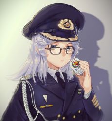 Rule 34 | 1girl, aiguillette, black-framed eyewear, black hat, black jacket, black necktie, blue eyes, blush, closed mouth, commentary request, cup, emblem, glasses, gradient background, grey background, hat, highres, holding, holding cup, jacket, long hair, long sleeves, looking at viewer, military, military hat, military jacket, military uniform, necktie, original, serious, shadow, silver hair, solo, tuziki sang, uniform, upper body