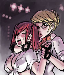 Rule 34 | 2girls, artist request, asphyxiation, blonde hair, blush, breasts, candy cane (rumble roses), choke hold, cleavage, female focus, fingerless gloves, glasses, gloves, large breasts, lipstick, makeup, miss spencer, multiple girls, oekaki, open mouth, red hair, rumble roses, saliva, sleeves rolled up, strangling, teacher and student, wrestling
