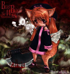 Rule 34 | animal ears, axe, blood, cat ears, cat tail, chibi, chibi only, detached sleeves, fox, fox ears, fox tail, hat, hitomaru, non-web source, orange hair, red eyes, smoking, solo, tail, weapon, wings