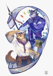 Rule 34 | 1boy, animal ears, bara, bodysuit, bulge, cropped legs, dog boy, dog ears, dog tail, flag, furry, furry male, grey fur, hat, highres, holding, holding flag, itohiro, large pectorals, live a hero, looking at viewer, male focus, muscular, muscular male, official alternate costume, one eye closed, pectorals, pubraseer (live a hero), purple bodysuit, sailor, sailor collar, sailor hat, sailor shirt, shirt, tail, thick thighs, thighs
