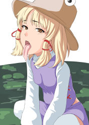 Rule 34 | 1girl, blonde hair, breasts, brown hat, bunsuirei, hat, highres, horizontal pupils, indian style, long sleeves, looking at viewer, medium hair, midriff peek, moriya suwako, open mouth, oral invitation, purple skirt, purple vest, simple background, sitting, skirt, small breasts, solo, thighhighs, tongue, tongue out, touhou, turtleneck, vest, white background, white thighhighs, yellow eyes