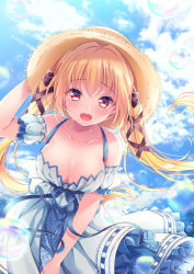 Rule 34 | 1girl, arm up, bare shoulders, black ribbon, blonde hair, blue sky, blush, breasts, brown hat, cleavage, cloud, cloudy sky, collarbone, commentary request, day, detached sleeves, dress, frilled dress, frills, hair between eyes, hair ribbon, hand on headwear, hat, long hair, looking at viewer, medium breasts, nemuri nemu, open mouth, original, outdoors, puffy short sleeves, puffy sleeves, red eyes, ribbon, short sleeves, sky, sleeveless, sleeveless dress, solo, straw hat, twintails, very long hair, white dress, white sleeves