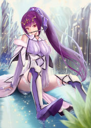 Rule 34 | 1girl, caster (lostbelt), fate/grand order, fate (series), high heels, highres, in water, long hair, looking at viewer, mouth hold, nekobell, ponytail, purple hair, red eyes, scathach (fate), scathach skadi (fate), scathach skadi (third ascension) (fate), sitting, thighs, wand