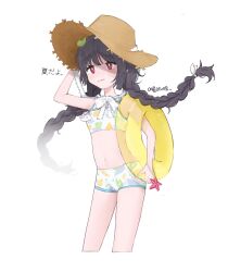Rule 34 | 1girl, absurdres, bikini, black hair, blue archive, blush, braid, bright pupils, choker, closed mouth, colored inner hair, commentary request, cropped legs, flat chest, frilled ribbon, frills, hand up, hat, highres, holding, holding swim ring, innertube, korean text, leaf, leaf on head, leaf print, long hair, manggo, miyu (blue archive), miyu (swimsuit) (blue archive), multicolored hair, official alternate costume, print bikini, red eyes, ribbon, ribbon choker, simple background, solo, starfish, straw hat, swim ring, swimsuit, translation request, twin braids, twintails, white background, white bikini, white pupils, yellow hat