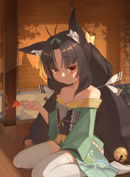Rule 34 | 1girl, animal ear fluff, animal ears, antenna hair, autumn leaves, azur lane, bare shoulders, bell, black hair, bow, breasts, cat ears, cleavage, closed mouth, collarbone, commentary request, green bow, hair bell, hair bow, hair ornament, head tilt, highres, holding, holding leaf, indoors, japanese clothes, jingle bell, jitome, kimono, leaf, long hair, looking at viewer, maple leaf, obi, obijime, off shoulder, orange eyes, parted bangs, sash, short kimono, sitting, small breasts, smile, solo, thighhighs, very long hair, wariza, white thighhighs, wooden floor, yellow bow, yohia, yuubari (azur lane)