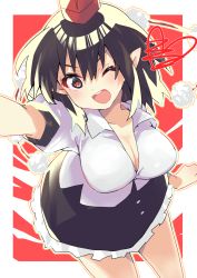 Rule 34 | 1girl, bad id, bad pixiv id, black hair, black skirt, blouse, border, breasts, cleavage, collarbone, collared shirt, commentary request, cowboy shot, frilled skirt, frills, hat, heart, highres, mikama, one eye closed, open mouth, pointy ears, pom pom (clothes), puffy short sleeves, puffy sleeves, red background, red eyes, red hat, shameimaru aya, shirt, short sleeves, simple background, skirt, solo, teeth, tokin hat, touhou, upper teeth only, white border, white shirt
