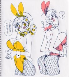 Rule 34 | 2girls, animal ears, ass, back, blush, bow, bowtie, breast press, breasts, commentary, commentary request, cuffs, curly hair, eyebrows, fake animal ears, fishnets, kusanagi tonbo, leotard, multiple girls, original, own hands together, playboy bunny, rabbit ears, rabbit tail, short hair, shoulder blades, tail, translation request, wall, white background