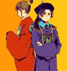 Rule 34 | 1boy, 1girl, beads, belt, black hair, chinese clothes, chinese empire, hanfu, hat, highres, hime cut, long hair, manchu clothes, messy hair, nanimonothing, original, peacock feathers, qing dynasty, qingdai guanmao