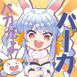 Rule 34 | &gt; &lt;, 1girl, 1other, animal ears, blue hair, braid, breasts, carrot hair ornament, cleavage, commentary, crossed arms, detached sleeves, don-chan (usada pekora), food-themed hair ornament, fur-trimmed gloves, fur trim, gloves, hair ornament, highres, hololive, leizero, multicolored hair, open mouth, orange eyes, pekomon (usada pekora), puffy short sleeves, puffy sleeves, rabbit-shaped pupils, rabbit ears, rabbit girl, round teeth, short sleeves, sidelocks, small breasts, smile, solid oval eyes, symbol-shaped pupils, teeth, thick eyebrows, translation request, twin braids, two-tone hair, usada pekora, usada pekora (1st costume), virtual youtuber, white hair