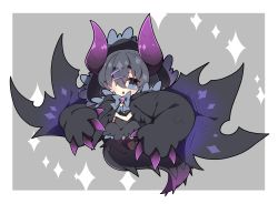 Rule 34 | 1girl, black dress, black pantyhose, black wings, blush, bow, chibi, commentary request, dragon girl, dragon horns, dragon tail, dragon wings, dress, full body, gore magala, grey background, grey bow, grey eyes, grey hair, hair ornament, hair over one eye, hairclip, highres, horns, milkpanda, monster hunter (series), pantyhose, parted lips, personification, purple wings, short eyebrows, solo, sparkle, tail, teeth, thick eyebrows, two-tone background, upper teeth only, white background, wings