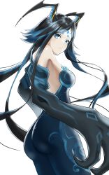 Rule 34 | 1girl, absurdres, artist request, ass, bare shoulders, black hair, blue eyes, blue hair, bodysuit, bonanus (genshin impact), breasts, detached sleeves, facial mark, from behind, from below, genshin impact, gloves, gradient hair, highres, horns, long hair, looking at viewer, looking back, medium breasts, multicolored hair, shiny clothes, shiny skin, sideboob, solo, very long hair