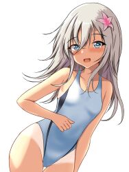 Rule 34 | 1girl, blonde hair, blue eyes, blue one-piece swimsuit, blush, competition swimsuit, covered navel, cowboy shot, dated, flower, grey hair, hair between eyes, hair flower, hair ornament, highleg, highleg swimsuit, highres, kantai collection, long hair, looking at viewer, montemasa, multicolored clothes, multicolored swimsuit, one-hour drawing challenge, one-piece swimsuit, one-piece tan, open mouth, ro-500 (kancolle), simple background, smile, solo, swimsuit, tan, tanline, twitter username, two-tone swimsuit, wet, wet clothes, wet swimsuit, white background, white one-piece swimsuit