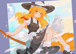 Rule 34 | 1girl, absurdres, apron, black footwear, black hat, black skirt, black vest, blonde hair, bow, broom, broom riding, chenjiuzhuo, chinese commentary, closed mouth, collared shirt, commentary request, footwear bow, frilled hat, frilled skirt, frills, hair bow, hat, hat bow, highres, kirisame marisa, long hair, medium hair, red bow, shirt, skirt, smile, socks, solo, touhou, vest, waist apron, white apron, white bow, white shirt, white socks, yellow eyes