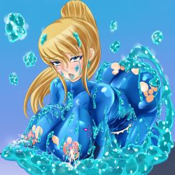 Rule 34 | 1girl, ahegao, all the way through, ass, blonde hair, blue eyes, blush, breasts, clothed sex, gucchi (n3gt6apf), highres, inflation, lactation, large breasts, metroid, monster, nipples, pixiv sample, rape, resized, samus aran, sex, slime, solo, stomach bulge, tears, torn clothes, zero suit