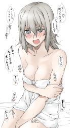 Rule 34 | 1girl, blue eyes, blush, bottomless, breasts, cleavage, collarbone, elf (stroll in the woods), girls und panzer, grey hair, highres, itsumi erika, looking at viewer, medium breasts, medium hair, naked towel, open mouth, simple background, solo, speech bubble, sweat, towel, white background