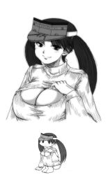 Rule 34 | 1girl, 2koma, arm support, barefoot, breast conscious, breasts, chibi, cleavage, cleavage cutout, close-up, clothing cutout, comic, greyscale, hand on own chest, kantai collection, knees, large breasts, long hair, looking at viewer, meme attire, monochrome, multiple views, no pants, onee-chan no te wo totte, open-chest sweater, p.i.l., parody, ribbed sweater, ryuujou (kancolle), sitting, smile, sweater, turtleneck, twintails, upper body, visor cap