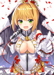 Rule 34 | 10s, 1girl, :d, adapted costume, ahoge, artist name, bare shoulders, belt, blonde hair, blush, bow, breasts, chain, cleavage, cowboy shot, detached sleeves, eyebrows, fate/extra, fate/extra ccc, fate/grand order, fate (series), flower, flower bracelet, garter straps, gendo0032, gendo0033, glint, gloves, green eyes, hair flower, hair intakes, hair ornament, highres, holding, holding microphone, large breasts, leotard, light particles, lock, looking at viewer, microphone, motion blur, nero claudius (bride) (fate), nero claudius (fate), nero claudius (fate) (all), open mouth, outstretched arm, padlock, petals, pointing, pointing at viewer, red bow, red flower, red rose, rose, rose petals, showgirl skirt, sidelocks, smile, solo, veil, white background, white flower, white gloves, white leotard, wire, zipper