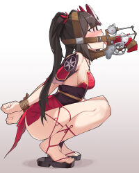 Rule 34 | 1girl, arms behind back, bare shoulders, bdsm, black footwear, black hair, black sash, bondage, bound, bound wrists, breasts, commentary request, commission, detached sleeves, dress, gun, handgun, highres, hns, honkai: star rail, honkai (series), long hair, obi, red dress, revolver, rope, sandals, sash, second-party source, short dress, short sleeves, small breasts, solo, sparkle (honkai: star rail), squatting, thighs, twintails, very long hair, weapon
