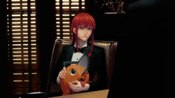 Rule 34 | absurdres, black suit, braid, chainsaw man, formal, highres, makima (chainsaw man), petting, pochita (chainsaw man), red hair, single braid, suit, suteja, the godfather, window blinds, yellow eyes