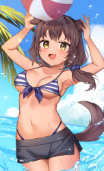 Rule 34 | 1girl, animal ears, armpits, arms up, ball, beachball, bikini, bikini under clothes, bikini under shorts, blush, breasts, brown hair, day, dog ears, dog girl, dog tail, fang, hair over shoulder, highres, kawagami raito, looking at viewer, low ponytail, medium breasts, navel, ocean, open mouth, original, shorts, sky, smile, solo, sparkle, striped bikini, striped clothes, swimsuit, tail, tan, wading, water, water drop, wet, yellow eyes