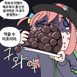 Rule 34 | 1girl, absurdres, alternate costume, blue eyes, bocchi the rock!, chocolate, close-up, eating, gotoh hitori, gym uniform, highres, korean text, pink hair, ruliweb (website), second-party source, solo, ssangduck, tears