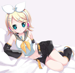Rule 34 | arm support, bed sheet, belt, blonde hair, blue eyes, boots, detached sleeves, gradient eyes, hair ornament, hairclip, headband, headphones, kagamine rin, kiira, lowres, lying, multicolored eyes, neckerchief, open belt, open clothes, open fly, open shorts, panties, short shorts, shorts, solo, swept bangs, unbuckled, unbuttoned, underwear, uniform, unzipped, vocaloid