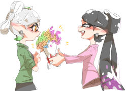 Rule 34 | + +, 2girls, black hair, bouquet, brown eyes, callie (splatoon), casual, chinese commentary, closed eyes, commentary request, cropped torso, earrings, facing another, fang, flower, from side, gradient hair, green hair, green sweater, grey hair, highres, holding, holding bouquet, inkling, jewelry, long hair, long sleeves, looking at another, madaga (animaofmoon), marie (splatoon), mole, mole under eye, multicolored hair, multiple girls, nintendo, no headwear, notice lines, open mouth, own hands together, pink shirt, pointy ears, presenting, purple hair, red ribbon, ribbon, shirt, short hair, sleeves rolled up, smile, splatoon (series), splatoon 1, standing, surprised, sweater, tentacle hair, yuri