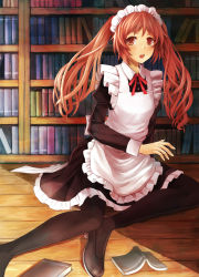 Rule 34 | 1girl, 501092-taka, bad id, bad pixiv id, black pantyhose, blush, book, bookshelf, female focus, highres, indoors, long hair, maid, maid headdress, open mouth, original, pantyhose, red eyes, red hair, ribbon, sitting, solo, twintails