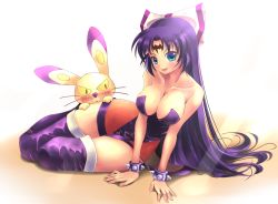 Rule 34 | 1girl, arm support, bare shoulders, blue eyes, blush, boots, bow, bracelet, breasts, cleavage, collarbone, dark sprites, facial mark, forehead mark, hair bow, hip focus, jewelry, leotard, long hair, looking at viewer, lying, on stomach, open mouth, purple footwear, purple hair, purple thighhighs, smile, spiked bracelet, spikes, thigh boots, thighhighs, twinkle star sprites, very long hair, x.x