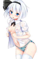 Rule 34 | 1girl, blue eyes, blush, breasts, cameltoe, covered erect nipples, ebi 193, hair ribbon, konpaku youmu, looking at viewer, navel, nipples, no pants, open clothes, open mouth, open shirt, panties, puffy nipples, puffy short sleeves, puffy sleeves, ribbon, see-through, shiny skin, shirt, short hair, short sleeves, simple background, small breasts, solo, striped clothes, striped panties, thighhighs, touhou, underwear, wet, wet clothes, wet panties, white background, white hair, white thighhighs