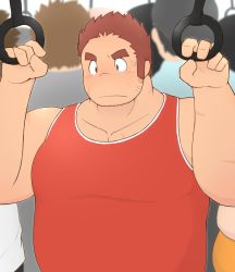 Rule 34 | 1boy, 3c pan, bara, belly, brown hair, costume request, crowd, exercising, facial hair, facial scar, tamamura gunzo, highres, large pectorals, long sideburns, male focus, muscular, muscular male, pectorals, scar, scar on cheek, scar on face, short hair, sideburns, sidepec, solo focus, spiked hair, sportswear, stubble, thick eyebrows, tokyo houkago summoners, upper body