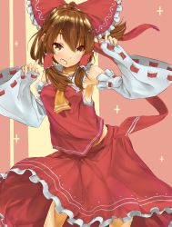 Rule 34 | 1girl, armpits, ascot, bare shoulders, blush stickers, bow, breasts, brown eyes, brown hair, cowboy shot, detached sleeves, grin, hair between eyes, hair bow, hair tubes, hakurei reimu, kiyonetto, looking at viewer, midriff, nontraditional miko, short hair, smile, solo, touhou, wide sleeves
