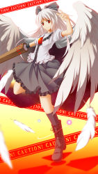 Rule 34 | 1girl, alternate color, alternate hair color, arm cannon, black socks, boots, bow, caution, caution tape, feathers, female focus, frown, hair bow, highres, kneehighs, large wings, long hair, radiation symbol, red eyes, reiuji utsuho, skirt, socks, solo, standing, standing on one leg, touhou, weapon, white hair, wings, zb (dawn-blue)