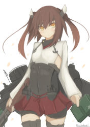 Rule 34 | 1girl, absurdres, akahuzi, alternate hairstyle, artist name, bad id, bad pixiv id, black thighhighs, blush, closed mouth, eyebrows, gun, highres, holding, holding gun, holding weapon, kantai collection, long hair, looking at viewer, red skirt, skirt, solo, taihou (kancolle), thighhighs, twintails, twitter username, weapon, yellow eyes