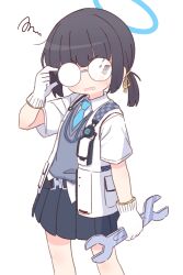 Rule 34 | 1girl, black hair, black skirt, blue archive, blue necktie, collared shirt, feet out of frame, glasses, gloves, halo, highres, holding, jacket, looking at viewer, millennium science school student (blue archive), naga u, necktie, opaque glasses, open clothes, open jacket, partially opaque glasses, pleated skirt, round eyewear, shirt, short sleeves, simple background, skirt, solo, squiggle, sweater vest, white background, white gloves, white jacket, white shirt, wrench