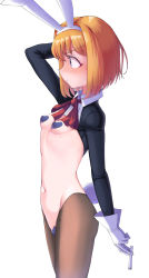 Rule 34 | 1girl, alice margatroid, animal ears, black jacket, blonde hair, blush, bow, bowtie, breasts, brown pantyhose, cigarette, closed mouth, commentary request, cookie (touhou), cowboy shot, cropped jacket, expressionless, fake animal ears, fake tail, gloves, hair between eyes, hair intakes, heart pasties, highres, holding, holding cigarette, jacket, long sleeves, looking afar, maebari, meme attire, navel, pantyhose, pasties, profile, pyukasshori, rabbit ears, rabbit tail, red bow, red bowtie, reverse bunnysuit, reverse outfit, short hair, shrug (clothing), simple background, small breasts, solo, tail, taisa (cookie), touhou, white background, white gloves