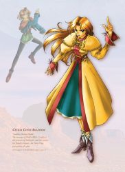 Rule 34 | 1girl, :o, ankle boots, artist request, belt, blonde hair, blue jacket, blue skirt, boots, breasts, brown hair, capelet, cecilia lynne adelhyde, character name, crescent, english text, full body, green eyes, index finger raised, jacket, long hair, long sleeves, multiple views, official art, open clothes, open jacket, open mouth, pants, pantyhose, short hair, skirt, standing, teeth, text focus, wild arms, wild arms 1