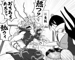 Rule 34 | 2girls, abs, antennae, blanket, breasts, centipede print, cleavage, commentary request, crop top, earrings, greyscale, hat, himemushi momoyo, iizunamaru megumu, jewelry, long hair, looking at another, medium breasts, monochrome, multiple earrings, multiple girls, muscular, muscular female, navel, nyotaimori, open mouth, pain, pointy ears, print shirt, print skirt, rice, ryuuichi (f dragon), shirt, shouting, skirt, sleeveless, sleeveless shirt, smile, tearing up, tokin hat, tongue, tongue out, touhou, translation request, undercut