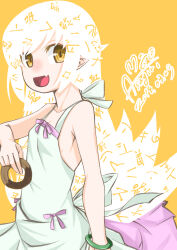 Rule 34 | 1girl, :d, asagirimao, bare shoulders, bracelet, doughnut, dress, fang, food, highres, jewelry, long hair, looking at viewer, monogatari (series), open mouth, oshino shinobu, pointy ears, simple background, smile, solo, white dress, white hair, yellow background, yellow eyes