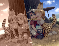 Rule 34 | 10s, 3girls, animal ears, black hair, blonde hair, blush, cat ears, cloud, commentary, dappled sunlight, day, dual persona, closed eyes, glasses, grass, greyscale, happy, hat, hat feather, hiruma neru, hug, kaban (kemono friends), kemono friends, kneeling, light particles, long hair, lucky beast (kemono friends), mirai (kemono friends), monochrome, multiple girls, open mouth, pantyhose, robot, seiza, semi-rimless eyewear, sepia, serval (kemono friends), serval print, serval tail, shade, short hair, sitting, sky, smile, striped tail, sunlight, tail, tree, under-rim eyewear, wariza