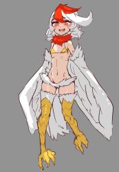 Rule 34 | 100maru, 1girl, bikini, bird legs, bird tail, blush, commentary request, feathers, full body, harpy, highres, long hair, looking at viewer, micro bikini, monster girl, multicolored hair, navel, neck fur, open mouth, orange eyes, original, red hair, simple background, solo, swimsuit, tail, talons, two-tone hair, white feathers, white hair, white wings, wings, yellow bikini