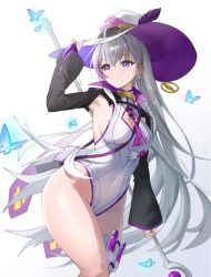 Rule 34 | 1girl, absurdres, amebi, arm up, armpits, artist request, braid, breasts, bright pupils, bug, butterfly, choker, cleavage, cleavage cutout, closed mouth, clothing cutout, collar, covered navel, grey hair, hand on headwear, hat, highleg, highleg leotard, highres, holding, insect, leotard, long hair, long sleeves, looking away, medium breasts, mole, mole under eye, multicolored hair, original, purple eyes, rostina cosmos, second-party source, shrug (clothing), simple background, single thighhigh, solo, staff, standing, streaked hair, tassel, teot4242, thighhighs, thighs, very long hair, white background, white hat, white leotard, witch hat
