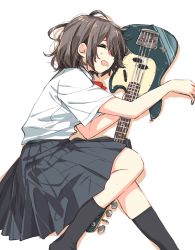 Rule 34 | 1girl, ^ ^, bass guitar, between legs, between thighs, black skirt, black socks, brown hair, calf socks, closed eyes, collared shirt, commentary, drooling, facing to the side, feet out of frame, from side, highres, instrument, lying, matsuda hikari, mouth drool, no shoes, hugging object, on side, open mouth, original, outstretched arm, pleated skirt, profile, school uniform, shadow, shirt, shirt tucked in, short hair, short sleeves, sideways mouth, simple background, skirt, sleeping, socks, solo, white background, white shirt