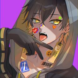 Rule 34 | 1boy, barcode, barcode tattoo, black gloves, black hair, black jacket, blonde hair, crossed bangs, drawstring, earrings, fangs, gloves, grey hoodie, hair between eyes, heart, highres, holostars, hood, hood up, hoodie, isal (lasi), jacket, jewelry, looking at viewer, male focus, multicolored hair, neck tattoo, open mouth, portrait, purple background, short hair, sideways glance, simple background, solo, star (symbol), sticker, sticker on face, tattoo, teeth, tongue, tongue out, two-tone hair, upper teeth only, v, virtual youtuber, yatogami fuma, yellow eyes