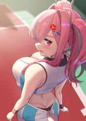 Rule 34 | 1boy, 1girl, anger vein, ass, azur lane, bare shoulders, black hair, black panties, blue skirt, blush, breasts, bremerton (azur lane), bremerton (scorching-hot training) (azur lane), butt crack, cleavage, clothes pull, crop top, day, downblouse, from behind, hair intakes, hair ornament, hairclip, hetero, huge breasts, large breasts, long hair, looking at viewer, looking back, maku ro, miniskirt, mole, mole on breast, multicolored hair, official alternate costume, open mouth, outdoors, panties, panty peek, pink eyes, pink hair, pov, pulling another&#039;s clothes, skirt, skirt pull, sleeveless, solo focus, sweatband, twintails, two-tone hair, two-tone skirt, underwear, white skirt, x hair ornament