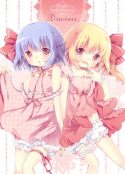 Rule 34 | 2girls, alternate costume, aogiri sei, bare arms, bare shoulders, blonde hair, bloomers, blue hair, bow, clothes lift, dress, dress lift, fang, flandre scarlet, hair bow, bridal garter, leg ribbon, multiple girls, open mouth, pink dress, pink eyes, puffy short sleeves, puffy sleeves, remilia scarlet, ribbon, short sleeves, siblings, side ponytail, sisters, sleeveless, sleeveless dress, smile, sundress, thigh ribbon, thigh strap, touhou, underwear, wrist cuffs